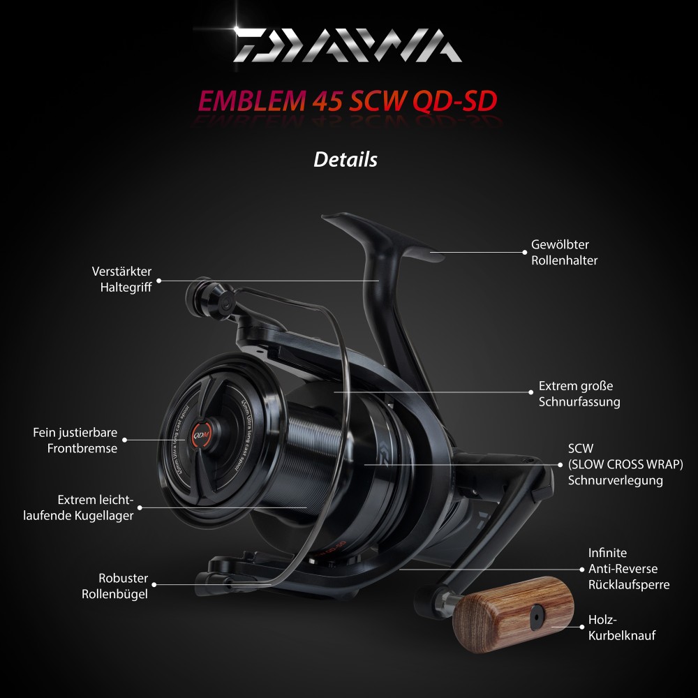 Daiwa 21 Emblem 45 SCW QD SD - Karpfenrolle 700m/ 0,35mm - 4,9:1 - 645g