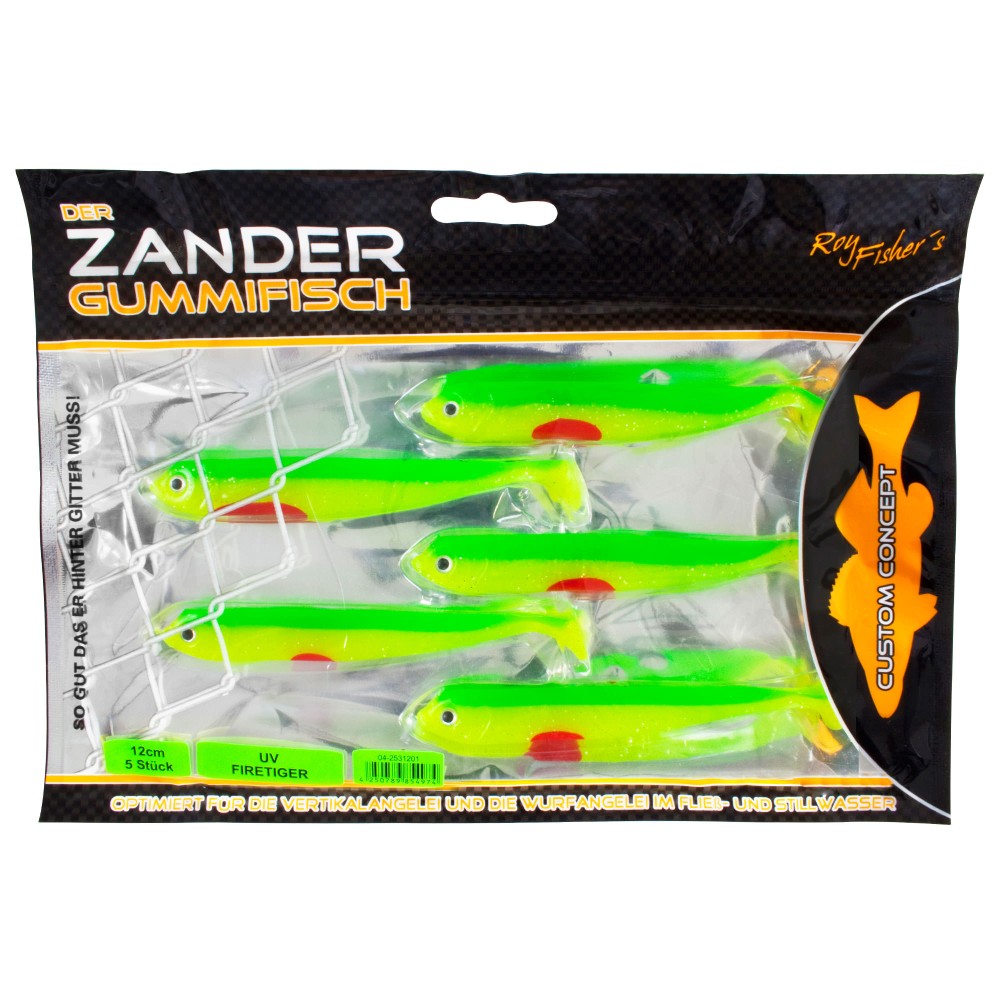 Roy Fishers Der Zander Gummifisch 12cm - UV Firetiger - 10g - 5 Stück