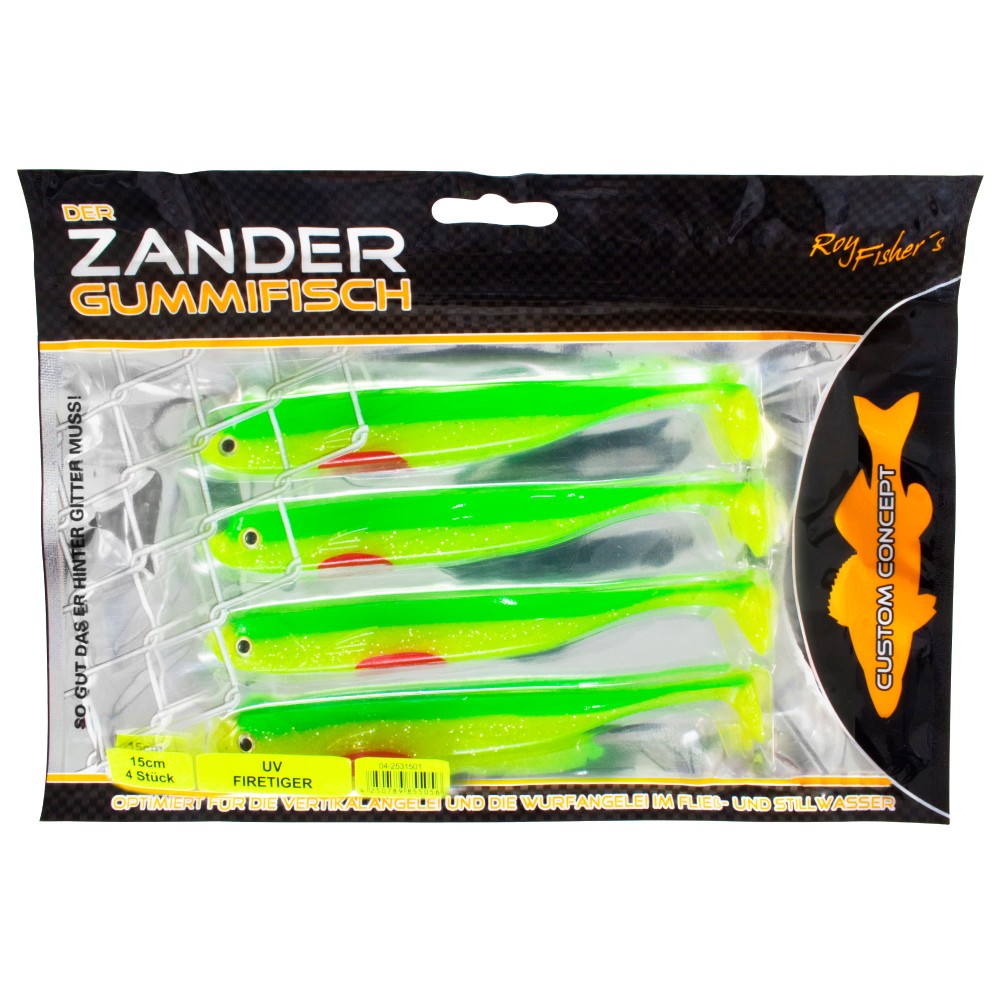 Roy Fishers Der Zander Gummifisch 15cm - UV Firetiger - 15g - 4 Stück