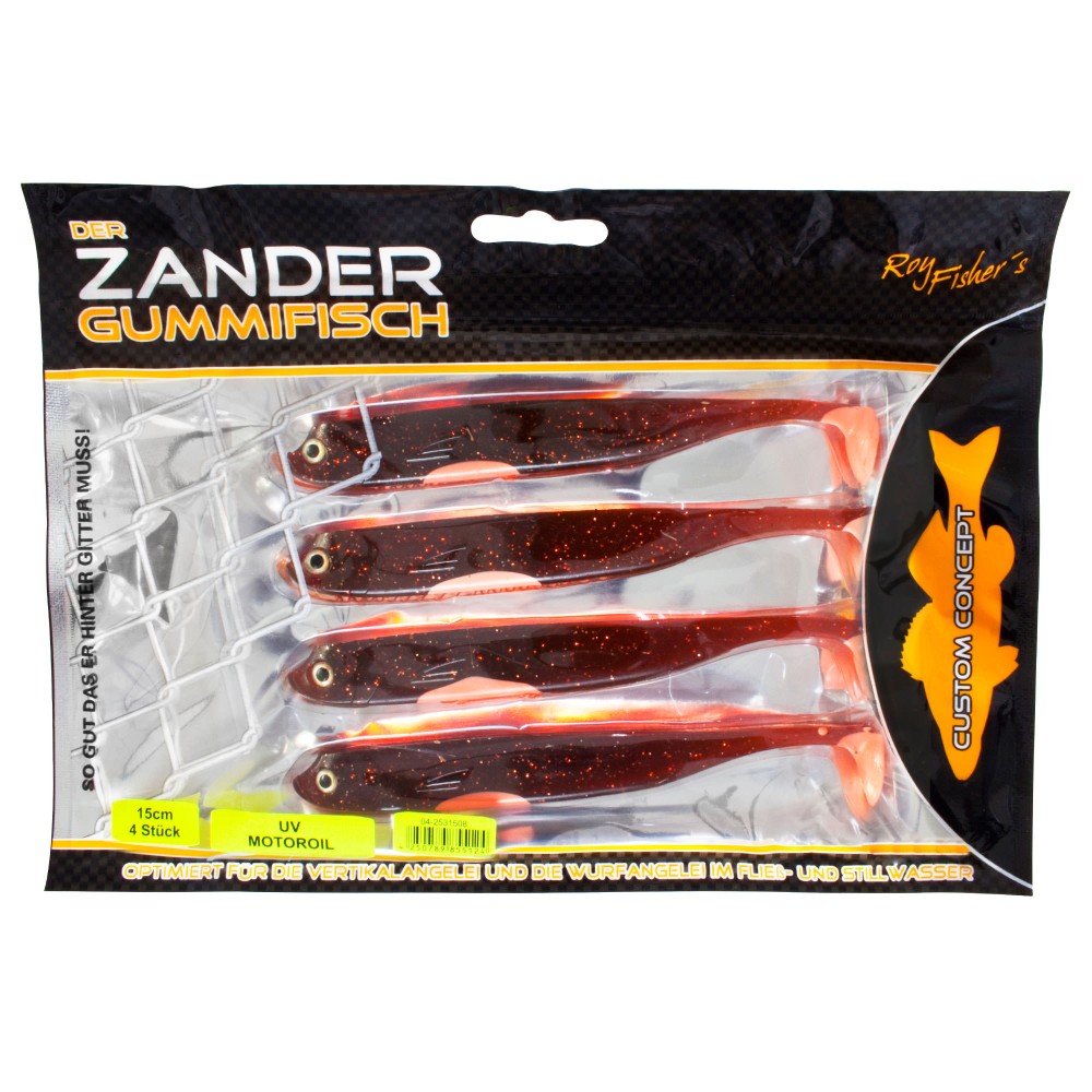 Roy Fishers Der Zander Gummifisch 15cm - UV Motoroil - 15g - 4 Stück