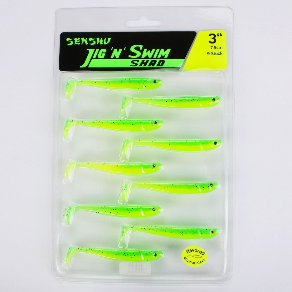 Senshu Jig 'n' Swim Shad 7.5cm - UV Chartreuse Bandit - 2g - 9 Stück