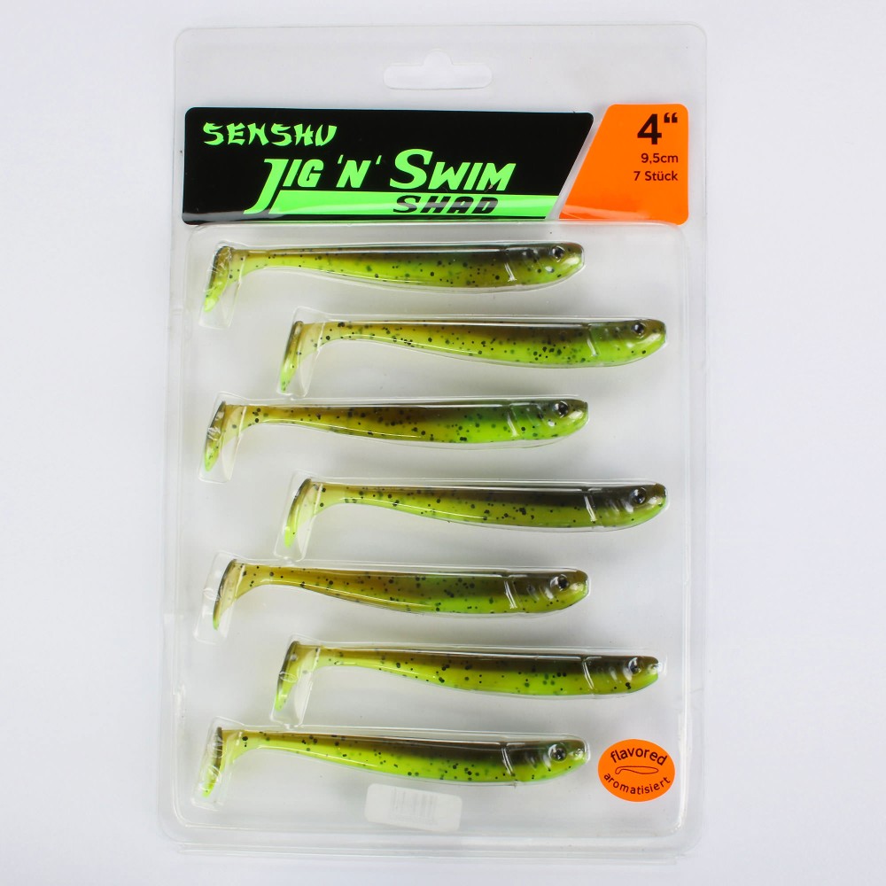 Senshu Jig 'n' Swim Shad 9.5cm - UV Chartreuse Brownie - 6g - 7 Stück