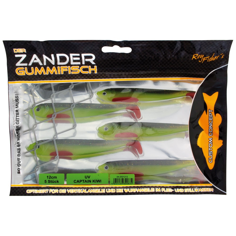 Roy Fishers Der Zander Gummifisch 12cm - UV Captain Kiwi - 10g - 5 Stück