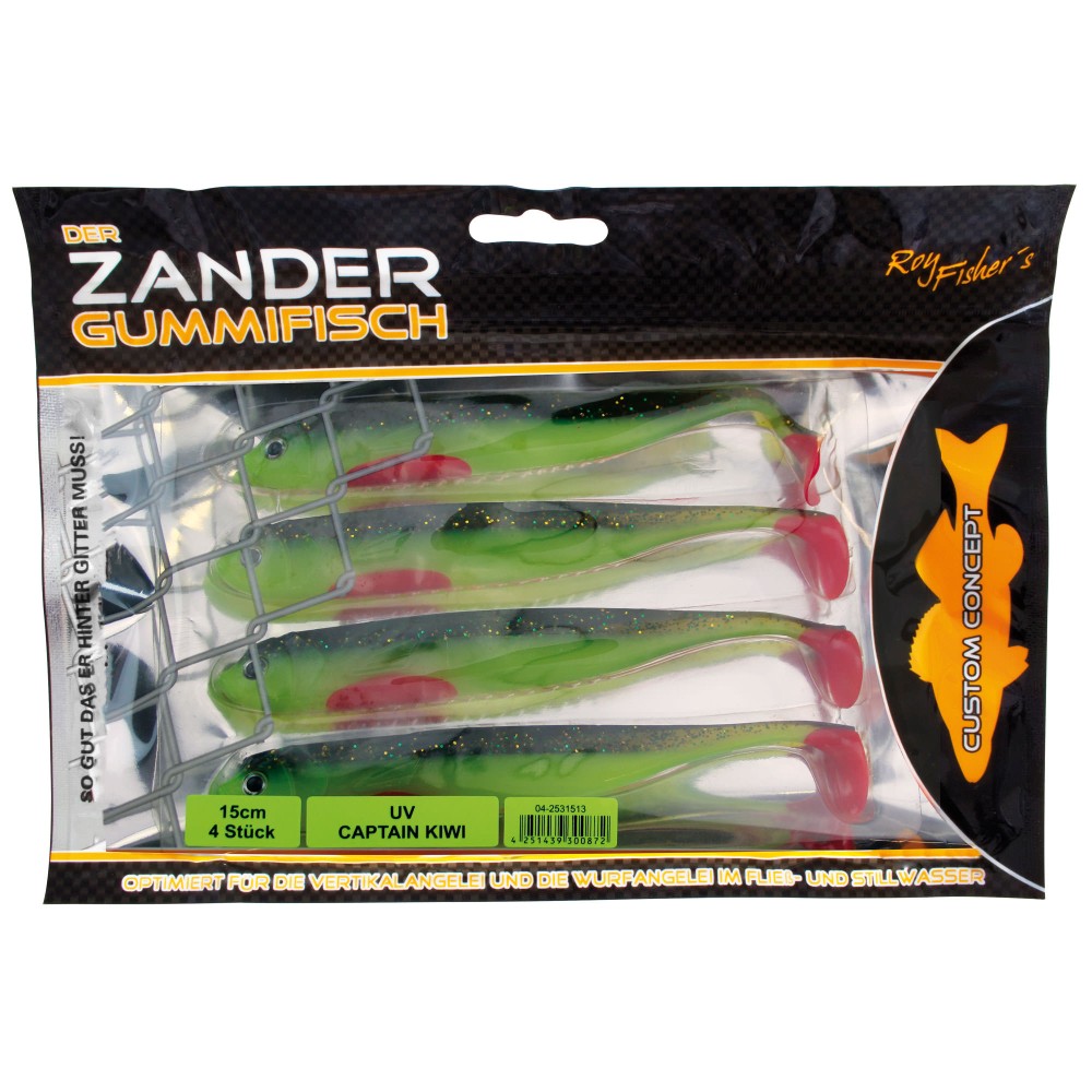 Roy Fishers Der Zander Gummifisch 15cm - UV Captain Kiwi - 15g - 4 Stück