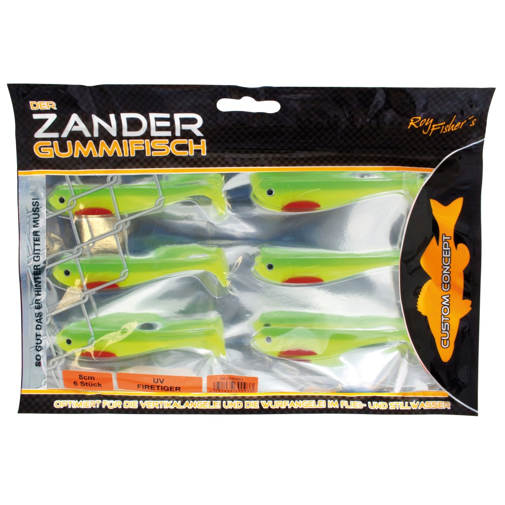 Roy Fishers Der Zander Gummifisch 8cm - UV Firetiger - 6g - 6 Stück