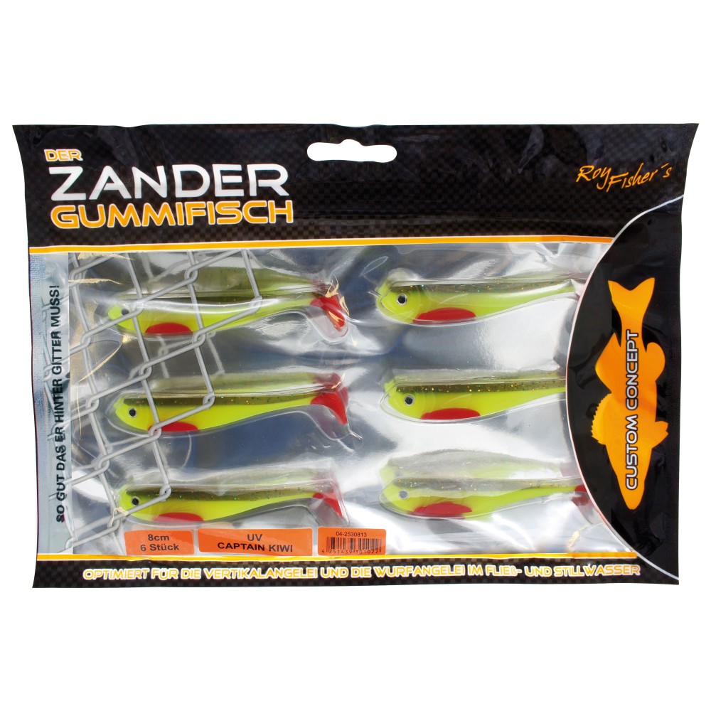 Roy Fishers Der Zander Gummifisch 8cm - UV Captain Kiwi - 6g - 6 Stück