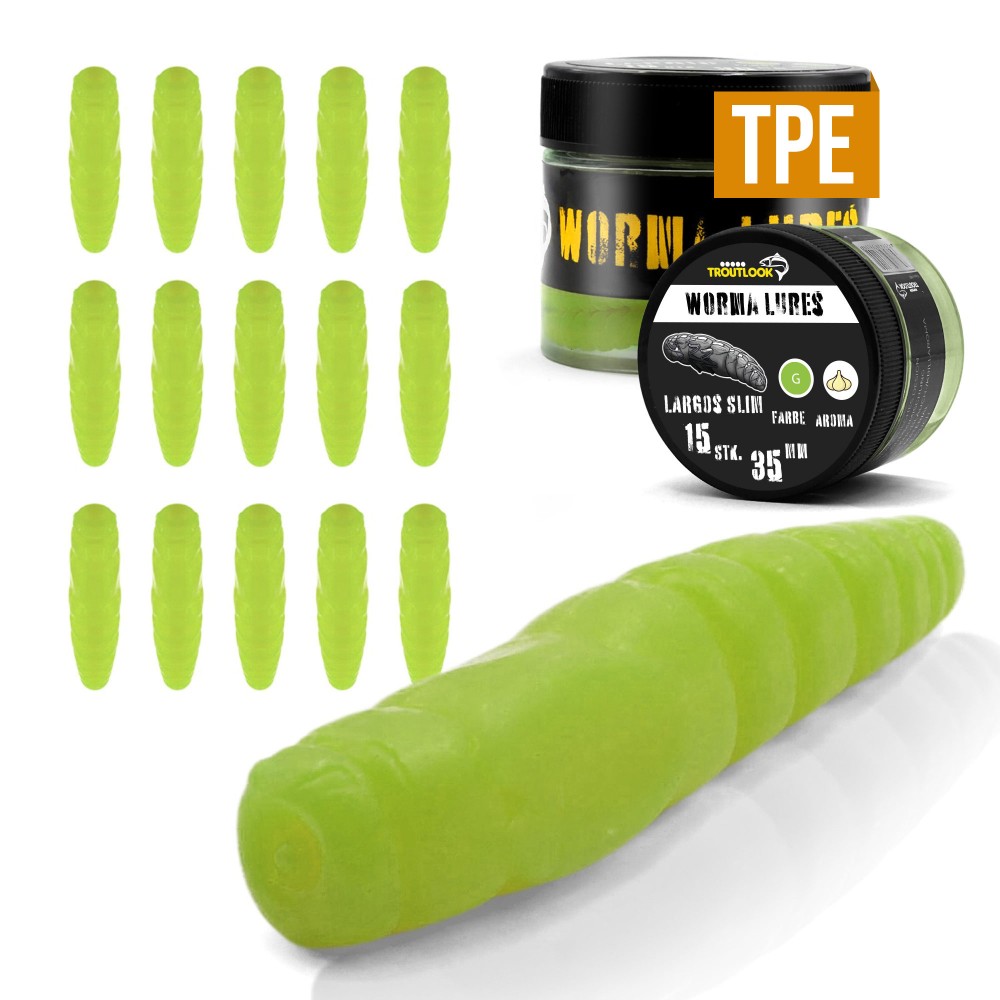 Troutlook Worma Lures - Largos Slim - Forellengummi Garlic/Knoblauch - 3,5cm - 15 Stück - Kiwi Green