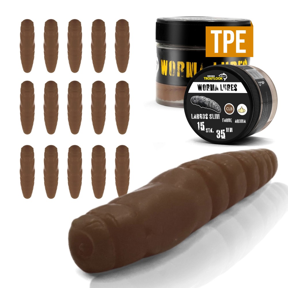 Troutlook Worma Lures - Largos Slim - Forellengummi Garlic/Knoblauch - 3,5cm - 15 Stück - Brown