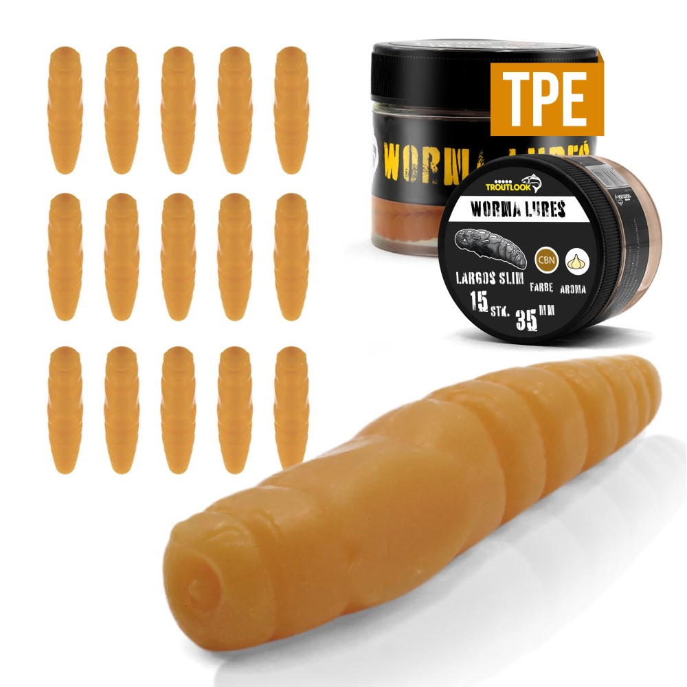 Troutlook Worma Lures - Largos Slim - Forellengummi Garlic/Knoblauch - 3,5cm - 15 Stück - Coffee