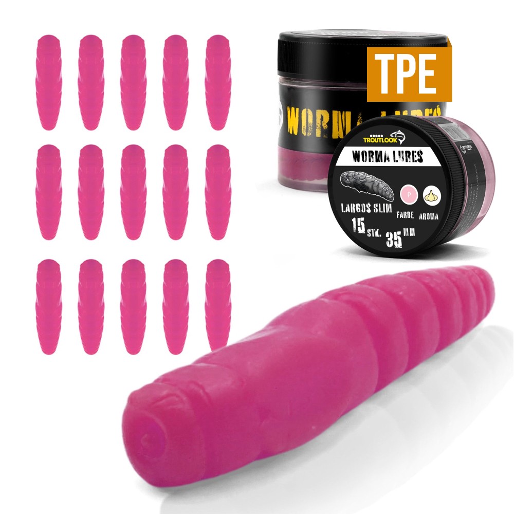 Troutlook Worma Lures - Largos Slim - Forellengummi Garlic/Knoblauch - 3,5cm - 15 Stück - Pink Spezial