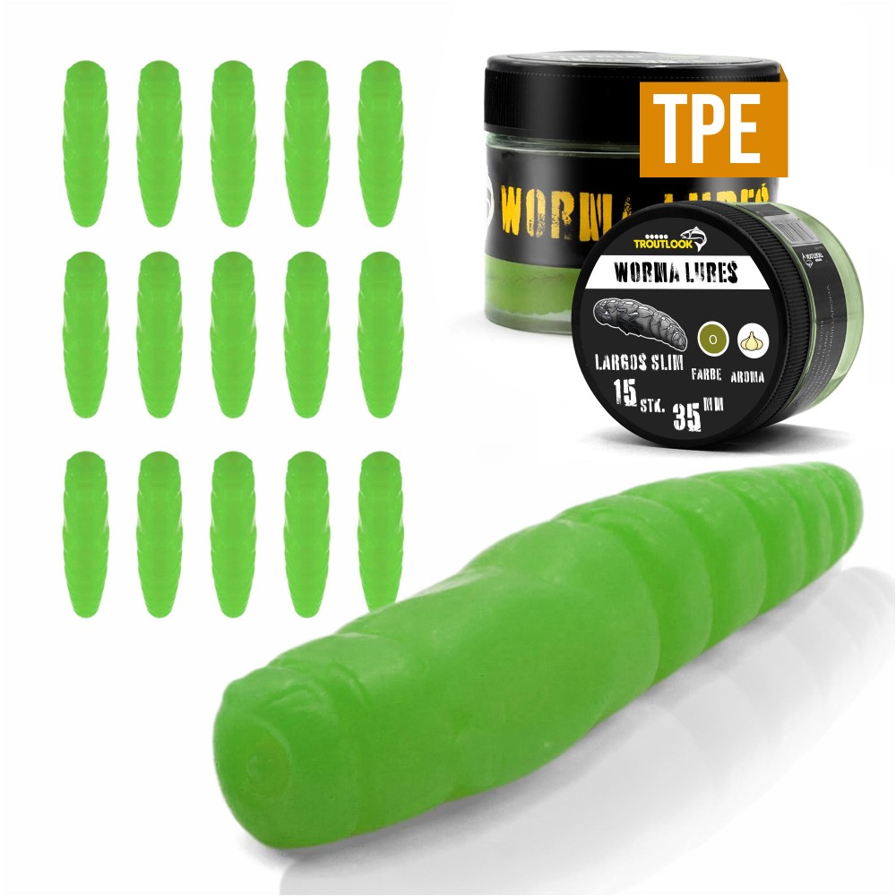 Troutlook Worma Lures - Largos Slim - Forellengummi Garlic/Knoblauch - 3,5cm - 15 Stück - Olive