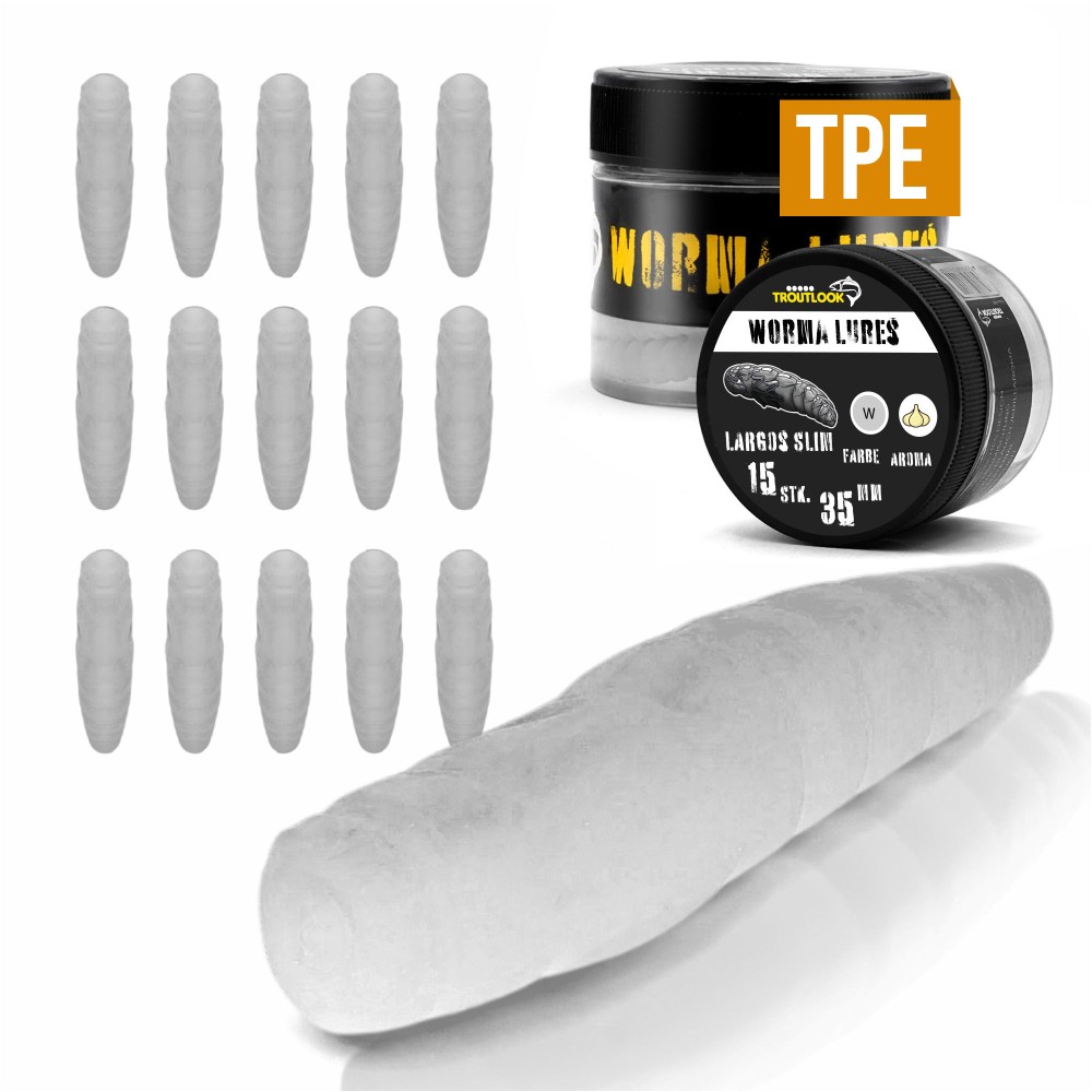 Troutlook Worma Lures - Largos Slim - Forellengummi Garlic/Knoblauch - 3,5cm - 15 Stück - White Pearl