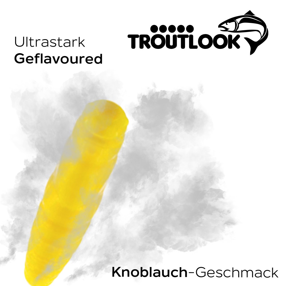 Troutlook Worma Lures - Largos Slim - Forellengummi Garlic/Knoblauch - 3,5cm - 15 Stück - Pure Yellow