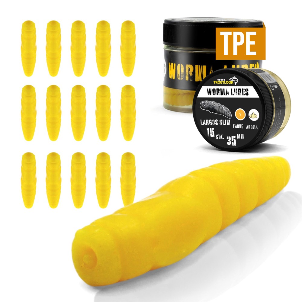 Troutlook Worma Lures - Largos Slim - Forellengummi Garlic/Knoblauch - 3,5cm - 15 Stück - Pure Yellow