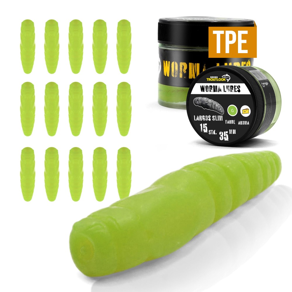 Troutlook Worma Lures - Largos Slim - Forellengummi Cheese - 3,5cm - 15 Stück - Kiwi Green