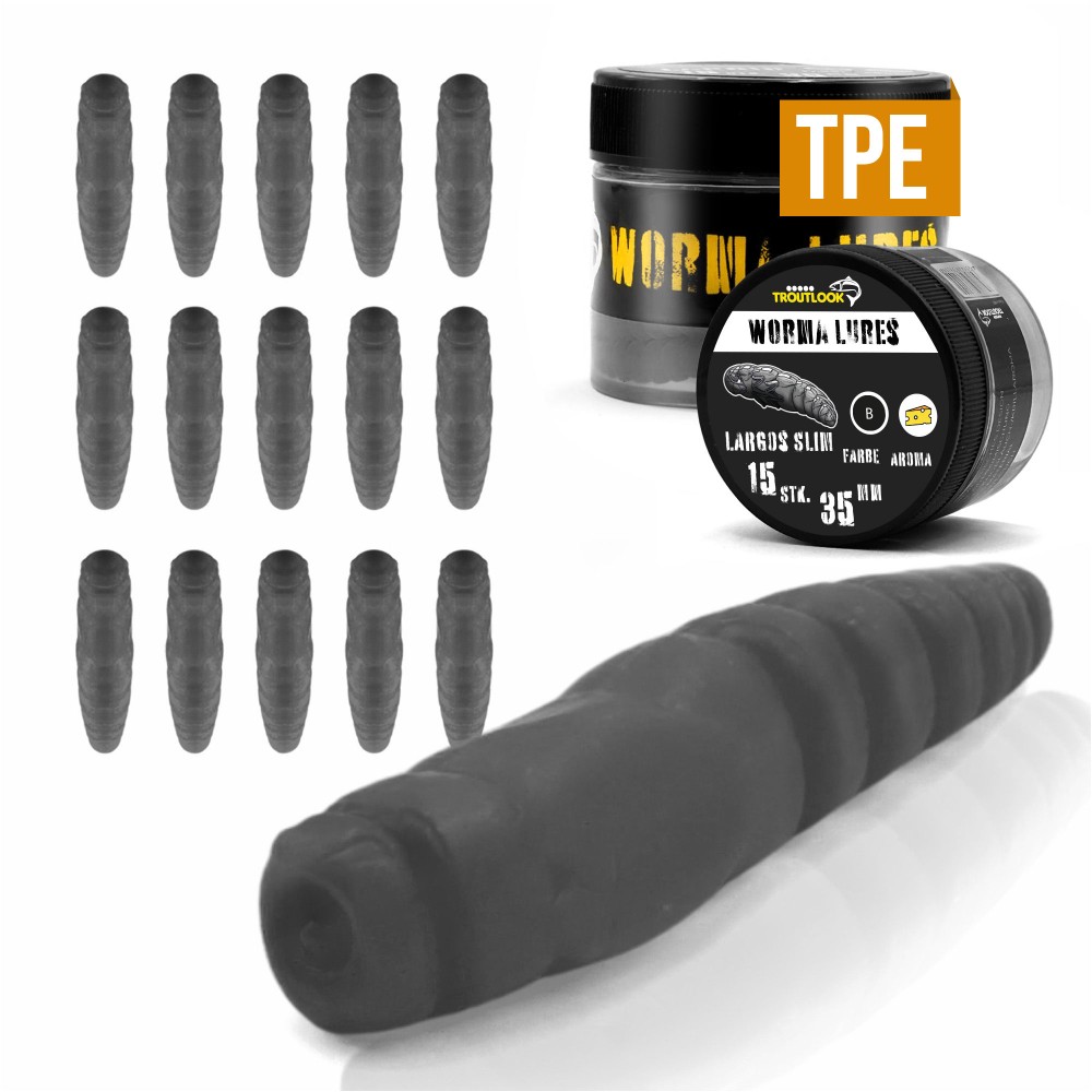 Troutlook Worma Lures - Largos Slim - Forellengummi Cheese - 3,5cm - 15 Stück - Black