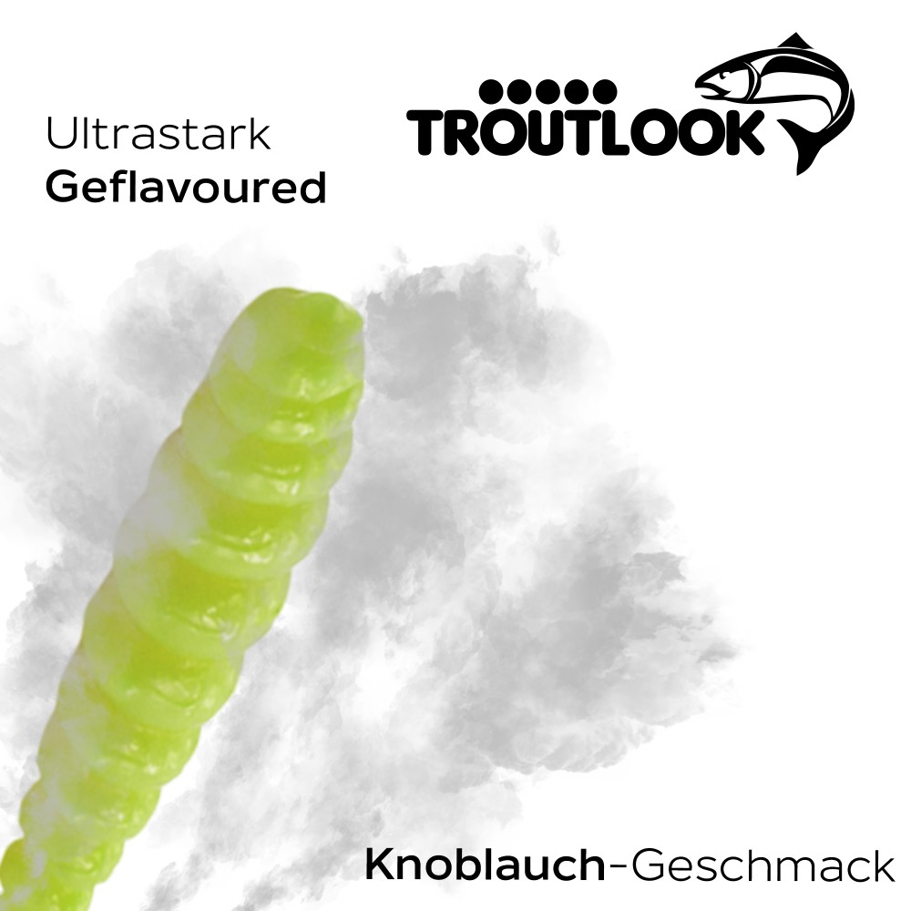 Troutlook Worma Lures - Largio - Forellengummi Garlic/Knoblauch - 3,5cm - 15 Stück - Kiwi Green