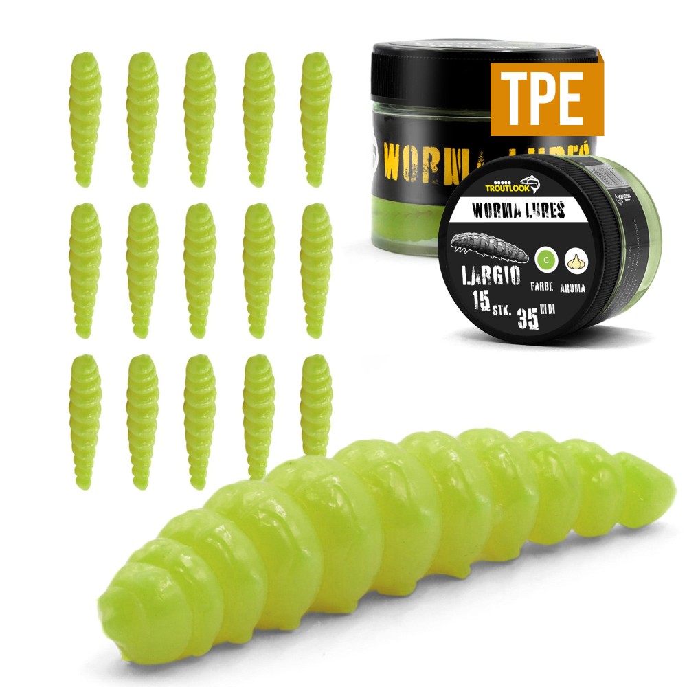 Troutlook Worma Lures - Largio - Forellengummi Garlic/Knoblauch - 3,5cm - 15 Stück - Kiwi Green