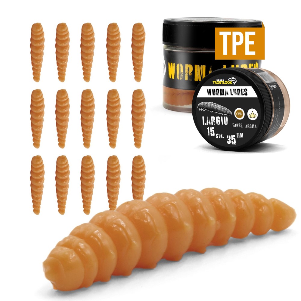 Troutlook Worma Lures - Largio - Forellengummi Garlic/Knoblauch - 3,5cm - 15 Stück - Coffee