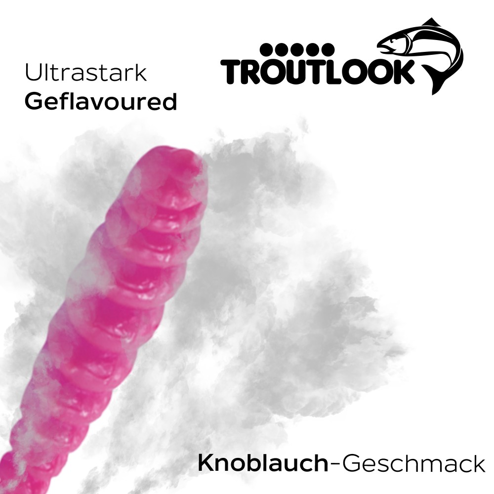 Troutlook Worma Lures - Largio - Forellengummi Garlic/Knoblauch - 3,5cm - 15 Stück - Pink Spezial