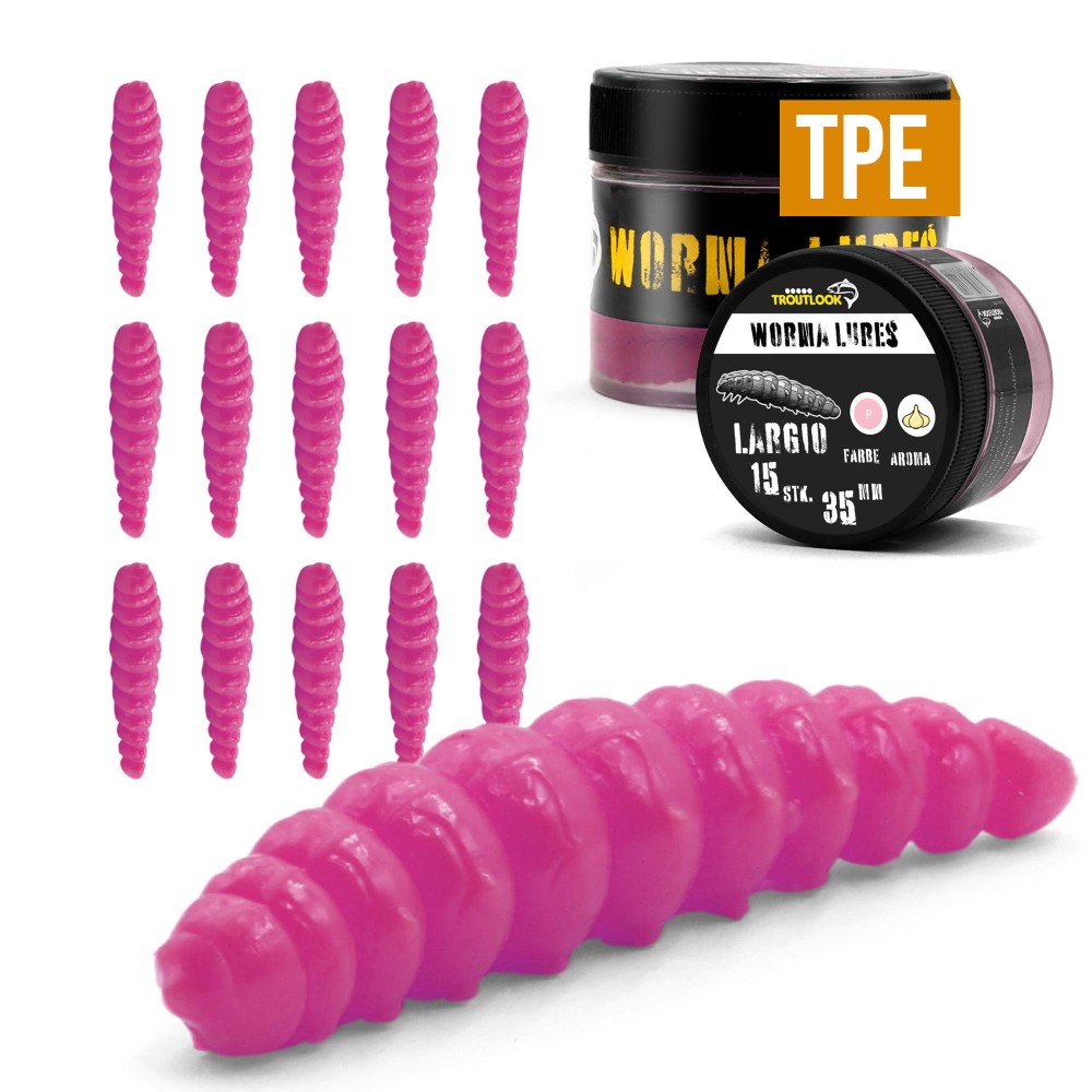 Troutlook Worma Lures - Largio - Forellengummi Garlic/Knoblauch - 3,5cm - 15 Stück - Pink Spezial