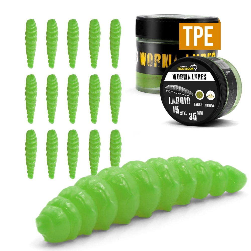 Troutlook Worma Lures - Largio - Forellengummi Garlic/Knoblauch - 3,5cm - 15 Stück - Olive