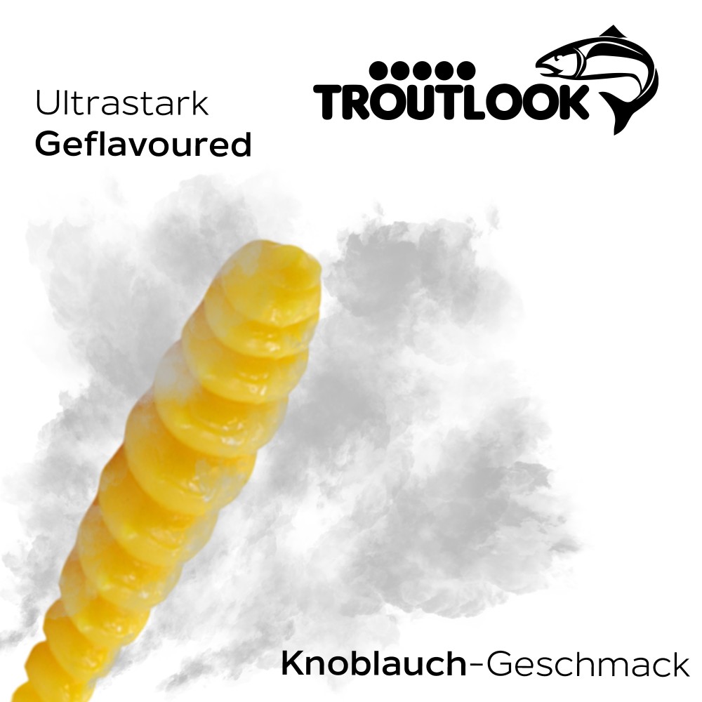 Troutlook Worma Lures - Largio - Forellengummi Garlic/Knoblauch - 3,5cm - 15 Stück - Pure Yellow