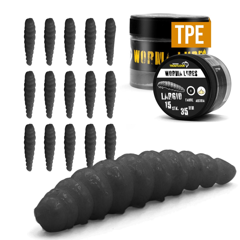 Troutlook Worma Lures - Largio - Forellengummi Garlic/Knoblauch - 3,5cm - 15 Stück - Black