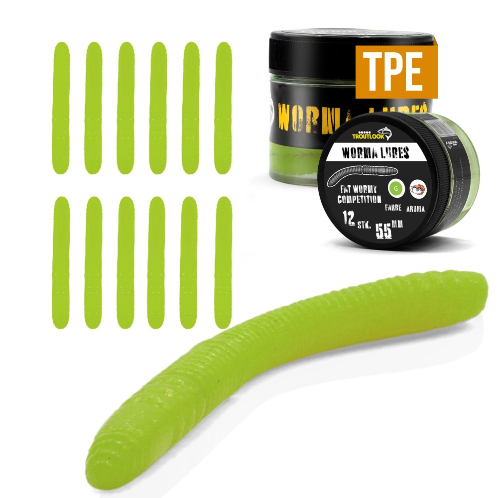 Troutlook Worma Lures - Fat Wormy Competition - Forellengummi Krill - 5,5cm - 12 Stück - Kiwi Green