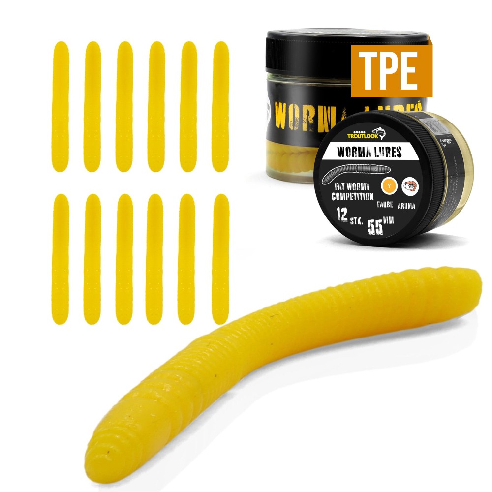 Troutlook Worma Lures - Fat Wormy Competition - Forellengummi Krill - 5,5cm - 12 Stück - Pure Yellow