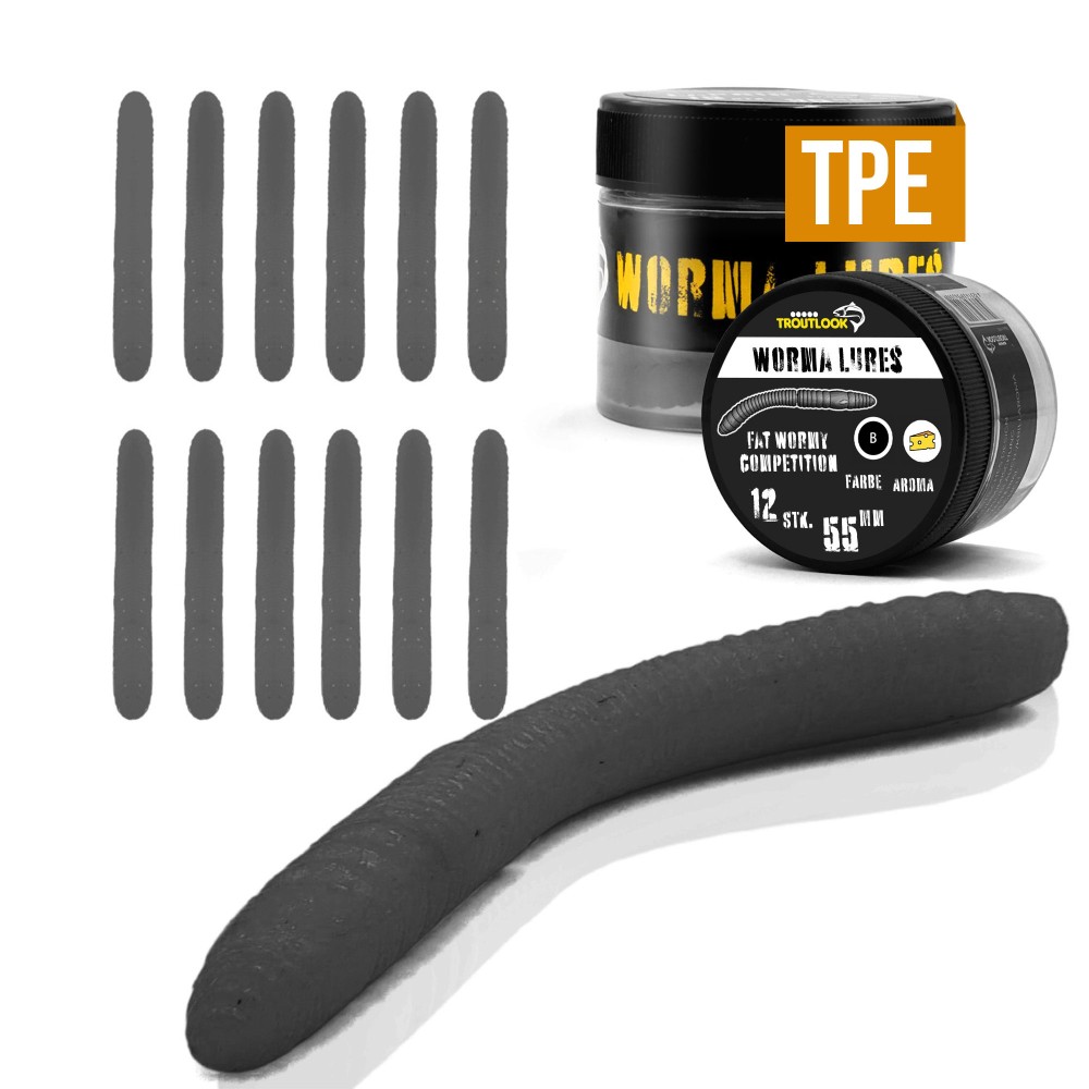 Troutlook Worma Lures - Fat Wormy Competition - Forellengummi Cheese - 5,5cm - 12 Stück - Black