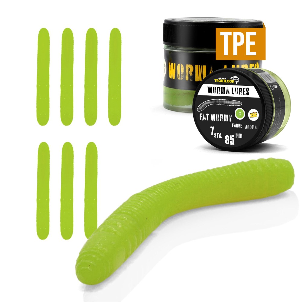 Troutlook Worma Lures - Fat Wormy - Forellengummi Cheese - 8,5cm - 7 Stück - Kiwi Green