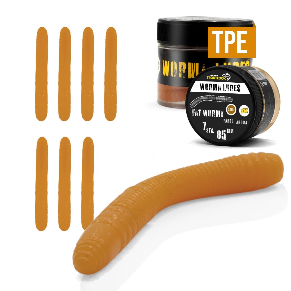 Troutlook Worma Lures - Fat Wormy - Forellengummi Cheese - 8,5cm - 7 Stück - Coffee