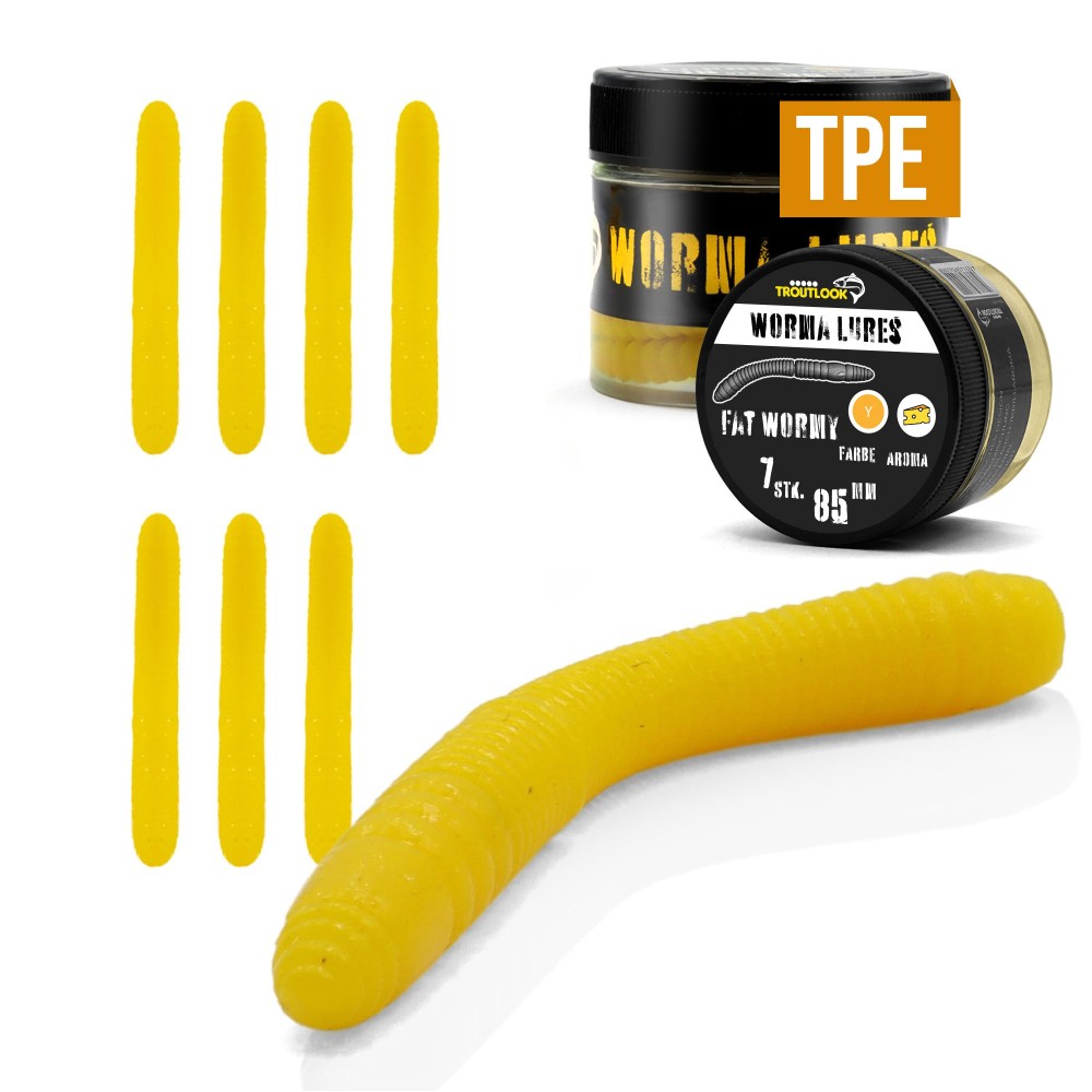 Troutlook Worma Lures - Fat Wormy - Forellengummi Cheese - 8,5cm - 7 Stück - Pure Yellow