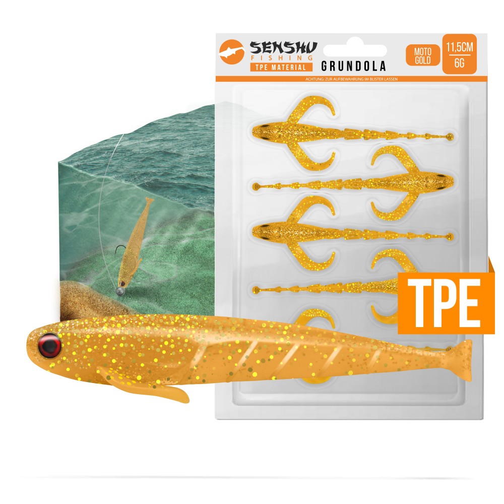 Senshu Grundola - Gummifisch Moto Gold - 11,5cm - 6 g- 5 Stück