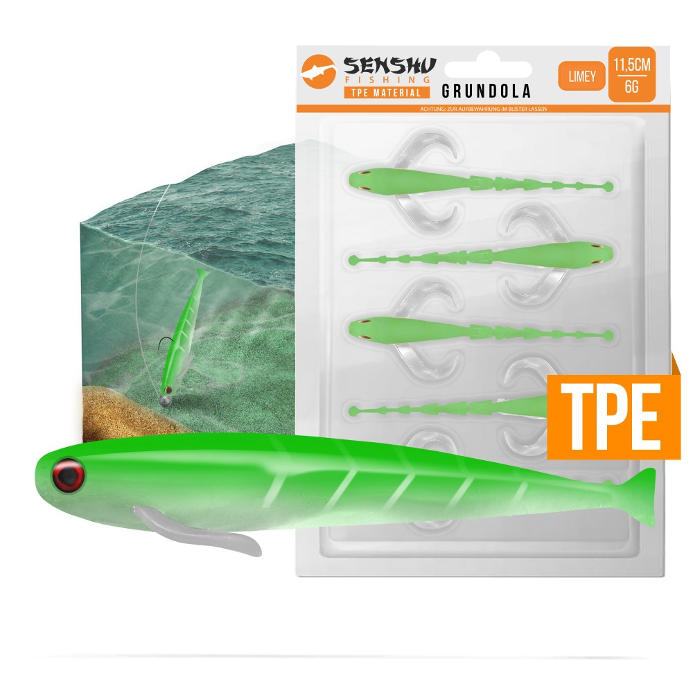 Senshu Grundola - Gummifisch Limey - 11,5cm - 6 g- 5 Stück