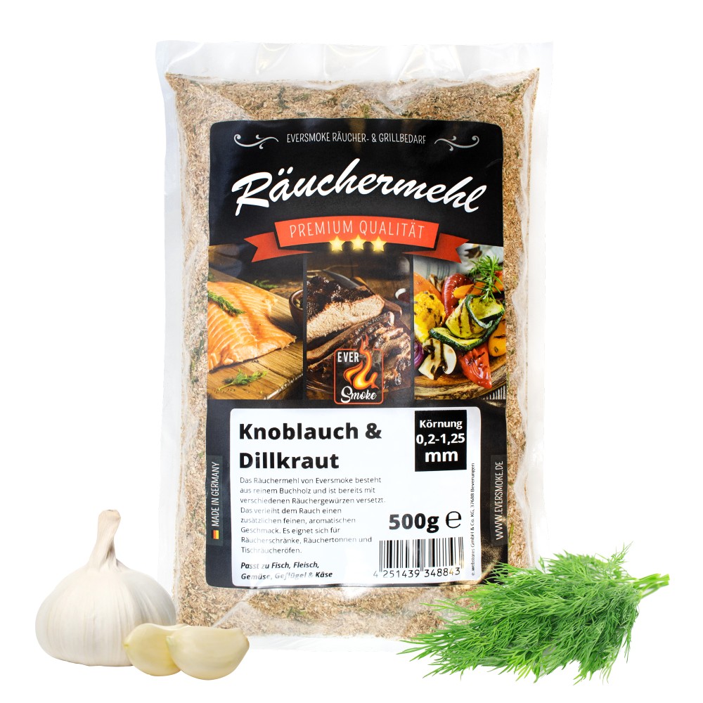 Eversmoke Premium Räuchermehl Extra Fein gewürzt 500g - 0,2-1,25mm - Knoblauch + Dillkraut