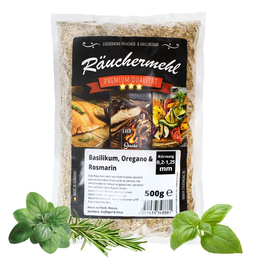 Eversmoke Premium Räuchermehl "Extra Fein" gewürzt 500g - 0,2-1,25mm - Basilikum, Oregano + Rosmarin