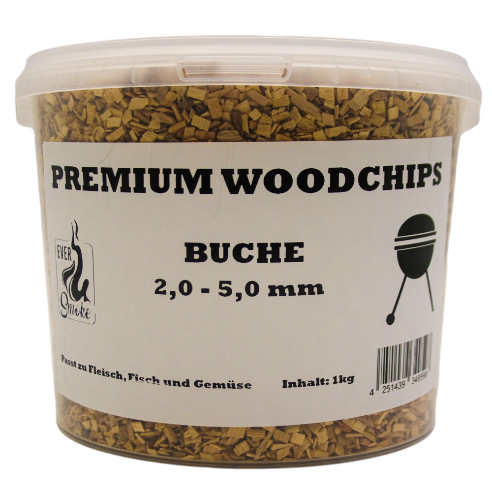 Eversmoke Premium Woodchips Buche "2,0-5,0 mm" 1kg im praktischen Eimer Woodchips