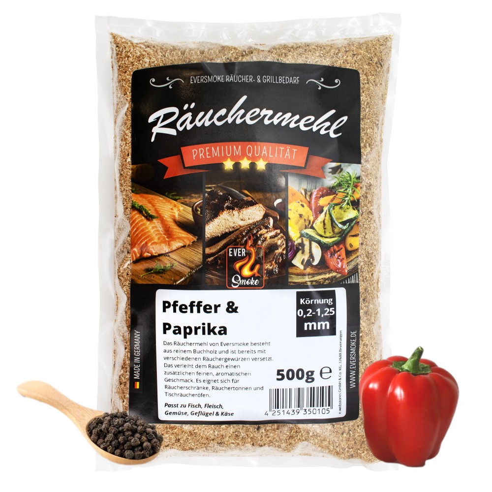 Eversmoke Premium Räuchermehl Extra Fein gewürzt 500g - 0,2-1,25mm - Pfeffer + Paprika