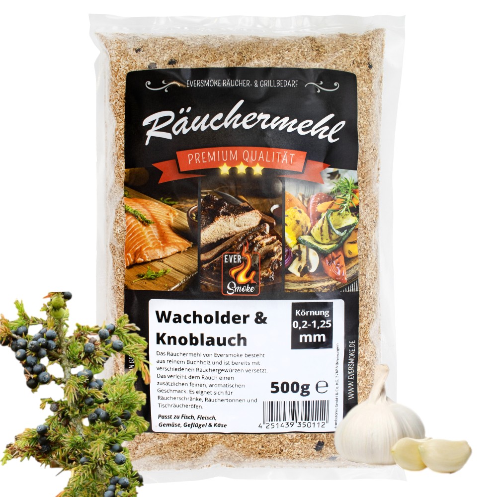 Eversmoke Premium Räuchermehl "Extra Fein" gewürzt 500g - 0,2-1,25mm - Wacholder + Knoblauch