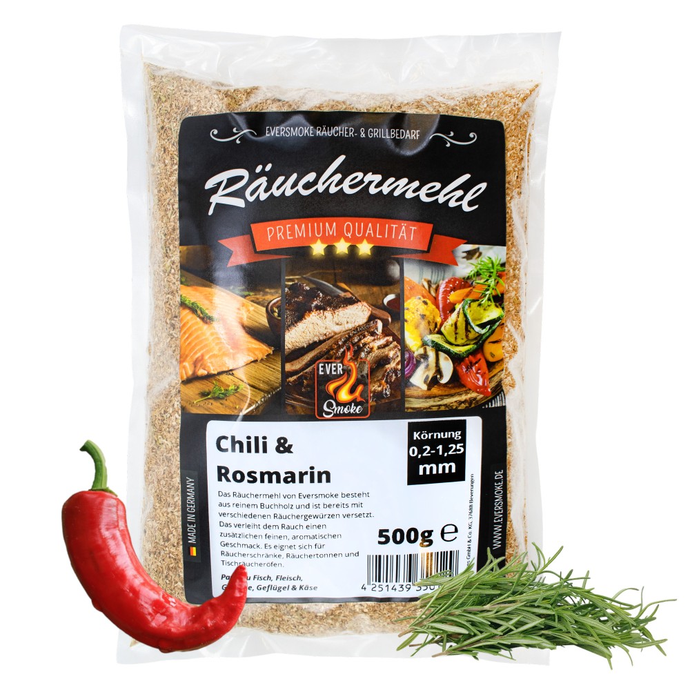 Eversmoke Premium Räuchermehl "Extra Fein" gewürzt 500g - 0,2-1,25mm - Chilli + Rosmarin