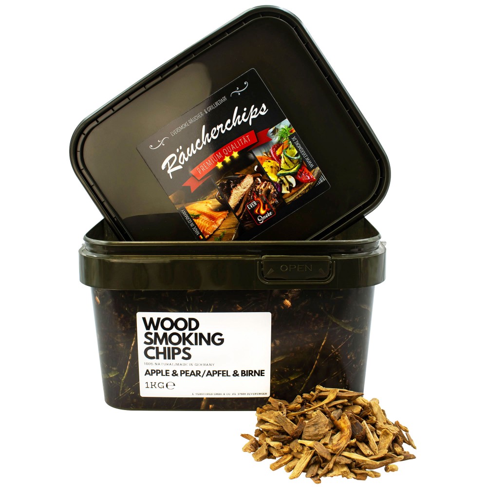 Eversmoke Premium BBQ Räucherchips im Eimer I Wood Chips in a Bucket 1kg - Apple&Pear/Apfel&Birne