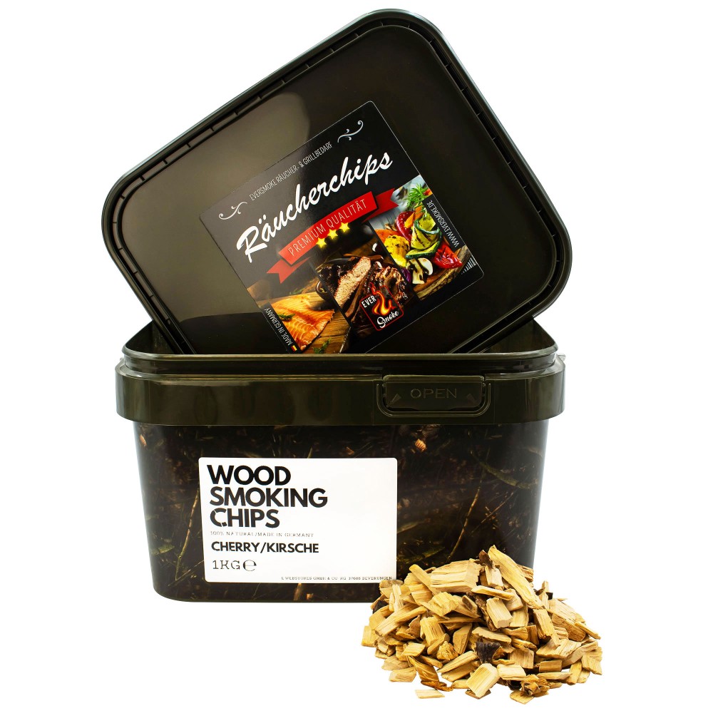 Eversmoke Premium BBQ Räucherchips im Eimer I Wood Chips in a Bucket 1kg - Cherry/Kirsche